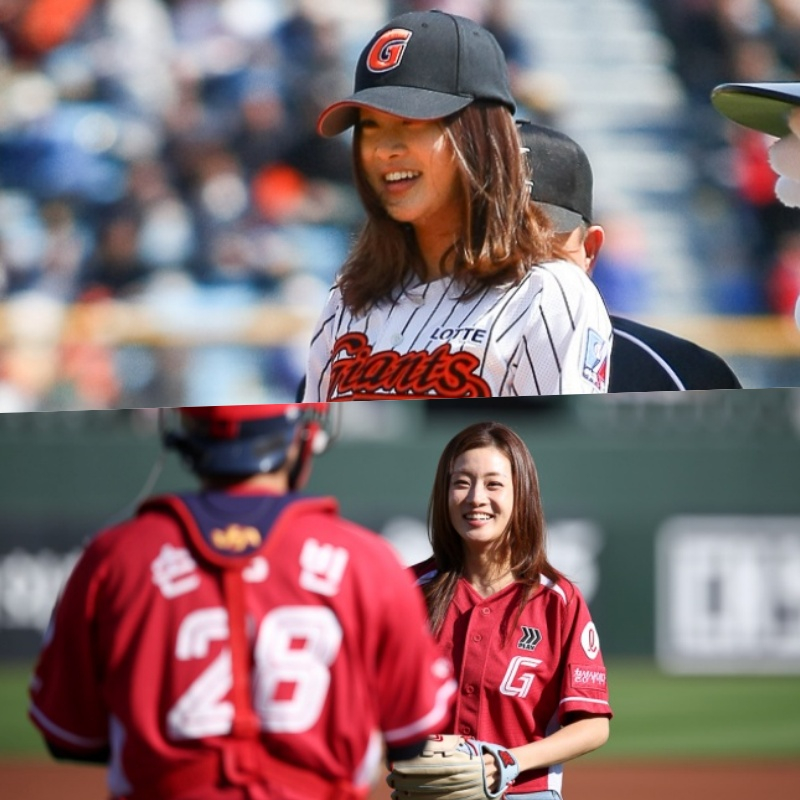 Kang So-ra (arriba) lanzando la primera pelota en el partido de apertura de Lotte en 2012 y Kang So-ra lanzando la primera pelota el pasado 28 en el partido contra Busan LG. /foto=Proporcionado por Lotte Giants