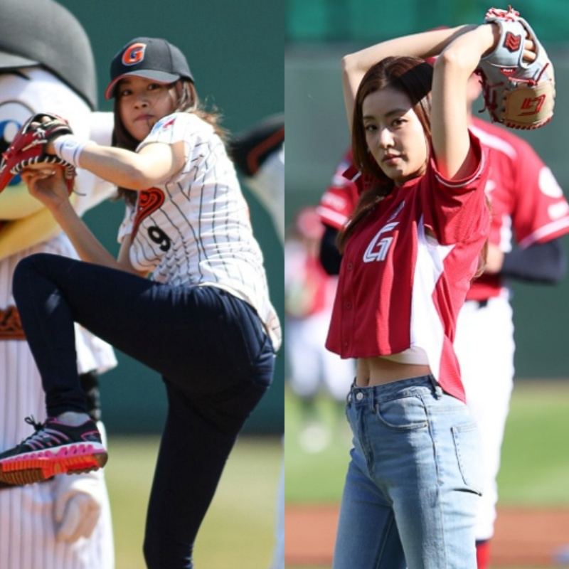 Lanzamiento de la primera pelota de la actriz Kang So-ra en el partido contra Busan Hanwha en 2012 (izquierda) y en el partido contra Busan LG en 2016. /Foto=Proporcionado por Lotte Giants