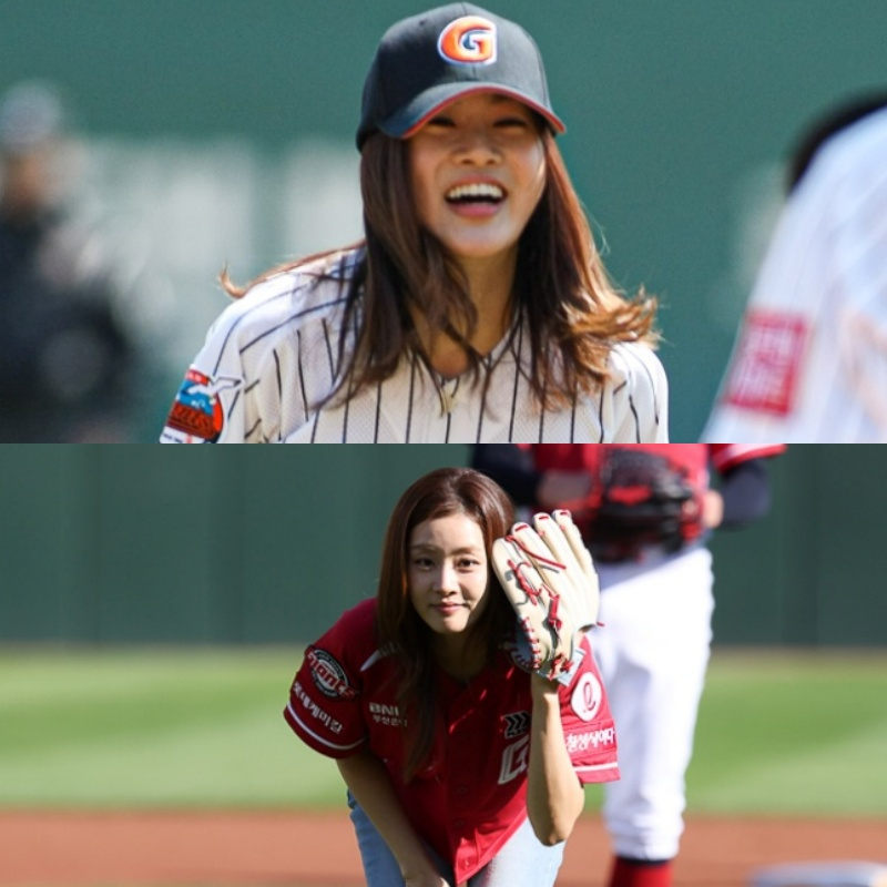 Lanzamiento de la primera pelota de la actriz Kang So-ra en el partido contra Busan Hanwha en 2012 (arriba) y en el partido contra Busan LG en 2016. /Foto=Proporcionado por Lotte Giants