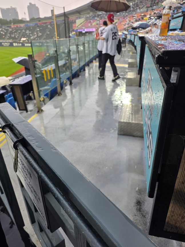 2日,将举行蚕室斗山队与乐天队的比赛的蚕室棒球场因下雨而湿透。 =照片=金东润。