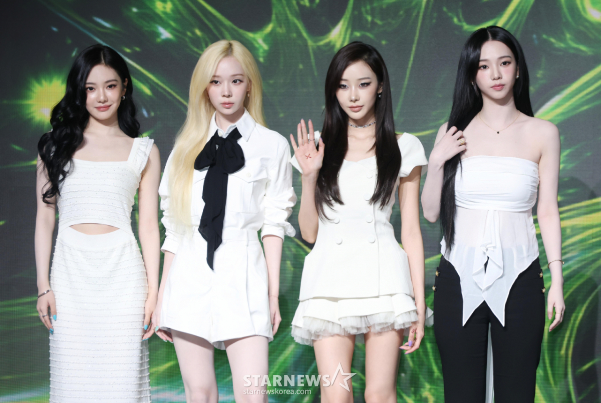 The girl group aespa is shown posing at a press conference held at the Sofitel Ambassador Hotel in Songpa-gu, Seoul on the afternoon of the 28th to commemorate the release of their second full album 'Lemonade'. /2026.05.28 /Photo=Lee Dong-hoon photoguy@