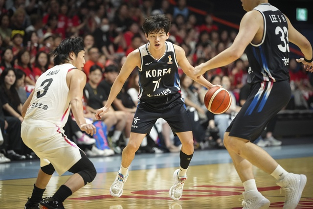 Kang Sung-wook (center) focusing on dribbling. /Photo=Korea Basketball Association provided