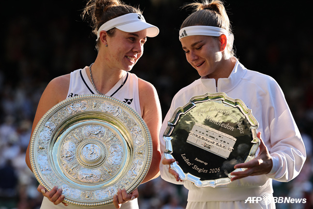Linda Noskova (left) and Karolina Muchova pose with the championship trophy. /AFPBBNews=NEWS1