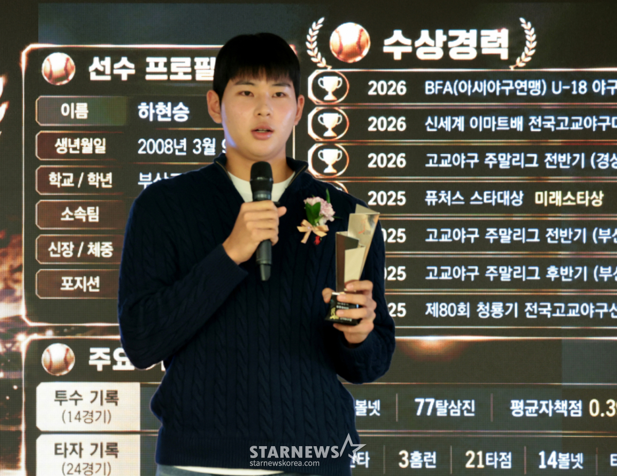 "신인 최고 계약금, 부모님께 드리겠다" 하현승, 2년 연속 퓨처스 스타대상 수상 영예... '투타 겸업'은 키움과 상의한다 [2026 퓨처스 스타대상]