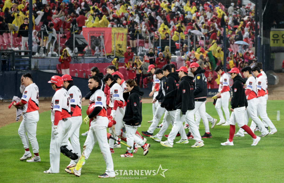 [Photo] After losing Game 3 to the Samsung Lions in a rain-soaked ...