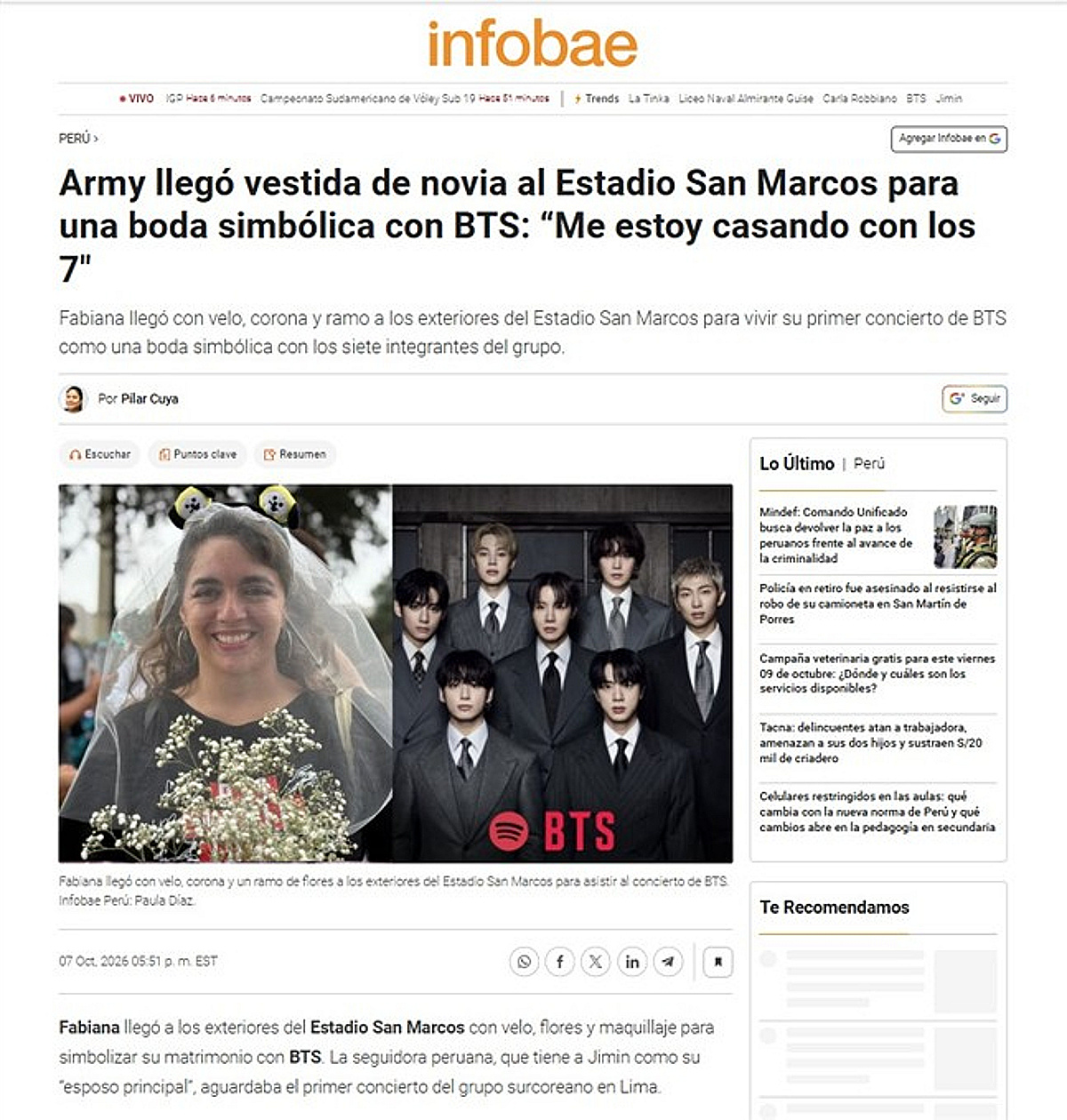 "방탄소년단과 결혼하려고요" 웨딩 베일 쓰고 페루 공연장 찾은 ARMY 현지언론 보도[K-EYES]