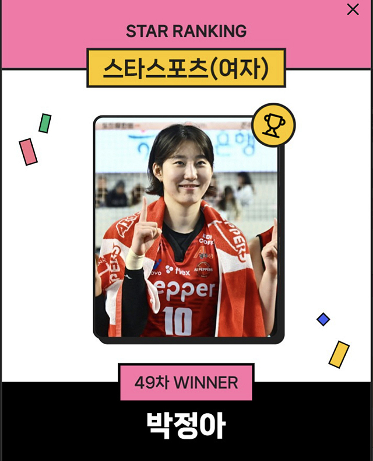 박정아 인기 굳건하다, 15주 연속 스타랭킹 1위... '여배' 김희진과 또 톱2