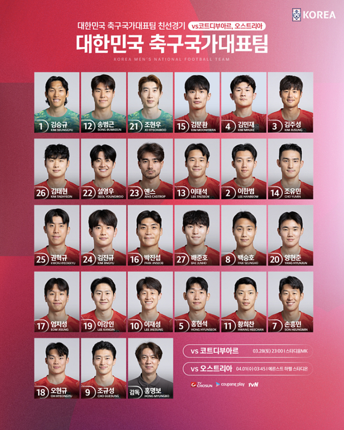 '손흥민 7번·이강인 19번·23번 옌스까지' 등번호 확정한 홍명보호, 코트디부아르전 사냥 나선다