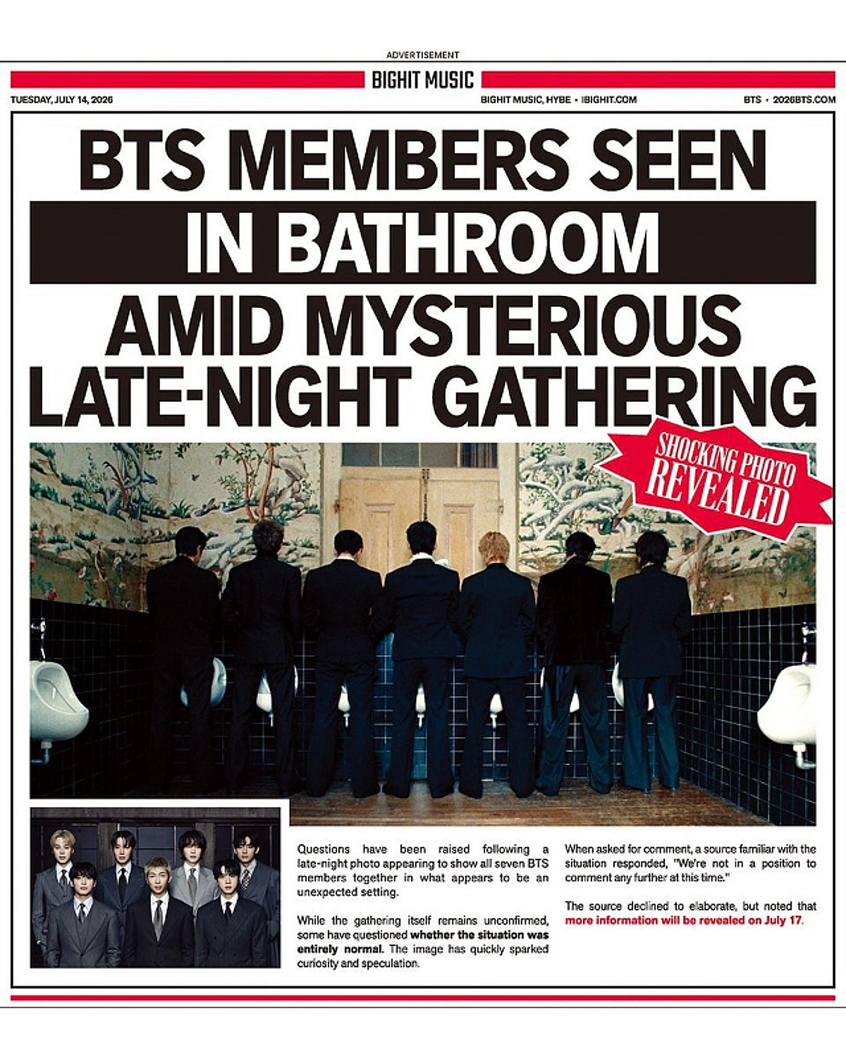 U.S. Newspaper Headlines “BTS 7 Members Spotted in Bathroom During Late-Night Mysterious Gathering?”… It Was a Teaser Ad for the ‘Normal’ Music Video, Parodying Tabloids [K-EYES]