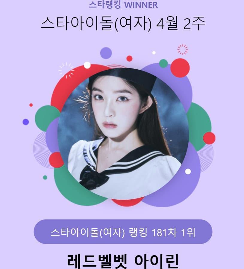 레드벨벳 아이린, 스타랭킹 女아이돌 굳건한 1위
