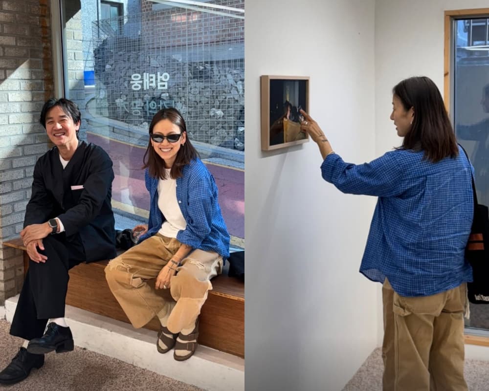 이효리, 엄태웅 사진전 깜짝 방문했다..투샷에 '환한 미소'