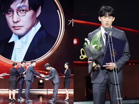 故신해철의 아들 신동원이 29일 서울 중구 국립극장 해오름극장에서 진행된 '제17회 대한민국 대중문화예술상 시상식'에서 은관 문화훈장을 받은 뒤 소감을 전하고 있다./2026.10.29