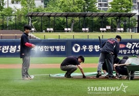 [Photo] 'Let's play baseball today!' Groundskeepers busy preparing the mound at Champions Field