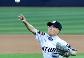 [Photo] Osan University President Hwang Hong-gyu throws the ceremonial first pitch at the KT-LG game