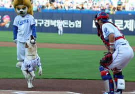 [De un solo golpe] El perro de rescate jubilado Tobagi visita el 'Samsung Lions Park', y se traga la pelota inaugural de un bocado
