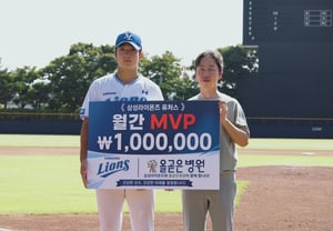 サムスン・ライオンズ投手のウ・ジョンワン、8月のオルゴドン病院フューチャーズ月間MVPを受賞