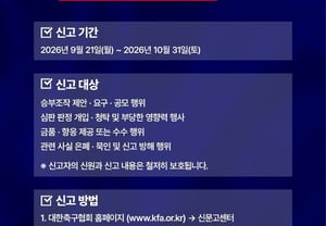 "Report Match-Fixing, Unfair Refereeing Decisions, and Bribes": Korea Football Association Launches Reporting Period for 'Acts Undermining Fairness' — Deadline: 31st