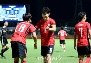 [Foto] 'Felicidades a Lee Ki-hyeok': Kim Myeong-jun anota su segundo gol en el partido contra Arabia Saudita