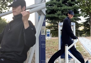 Is that Kim Woo-bin? Spotted at a 'park fitness station'... After marrying Shin Min-a, he's radiating mature charm