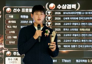 新人最高の契約金を、両親に差し上げますハ・ヒョンスン、2年連続でフューチャーズスター大賞を受賞する栄誉··· 「投打兼業」はキウムと協議する [2026 フューチャーズスター大賞]