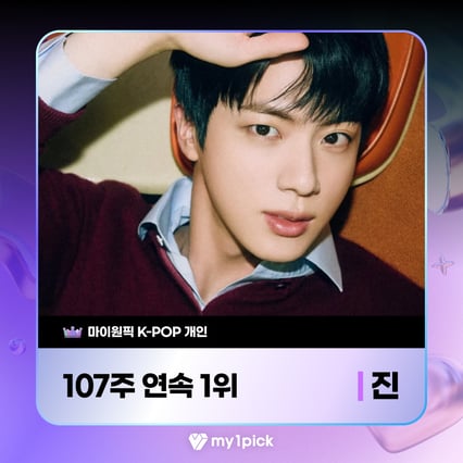 방탄소년단 진, '마이원픽' K-POP 개인 107주 연속 1위..독보적 글로벌 인기