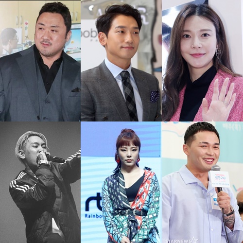 (왼쪽위부터 시계방향) 마동석, 비, 차예련, 마이크로닷, 휘인, 도끼 / 사진=스타뉴스