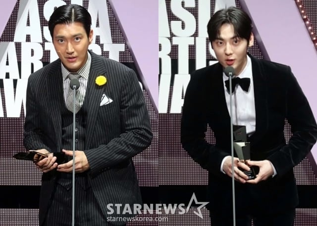 배우 최시원, 황민현이 13일 오후 일본 나고야 니혼가이시홀에서 열린 스타뉴스-미디어보이 주최 '2022 Asia Artist Awards IN JAPAN'(2022 아시아 아티스트 어워즈, 이하 2022 AAA)에서 AAA신인상을 수상하고 소감을 말하고 있다. 스타뉴스와 미디어보이가 주최하고 Asia Artist Awards 조직위원회와 더스타파트너, 컬쳐 엔터테인먼트가 공동 주관하는 글로벌 NO.1 시상식 '2022 AAA'에는 올 한 해 동안 국내외에서 많은 사랑을 받은 가수, 배우들이 참석해 눈을 뗄 수 없는 화려한 글로벌 축제의 장을 펼친다. 2022.12.13 /사진=임성균 기자 tjdrbs23@