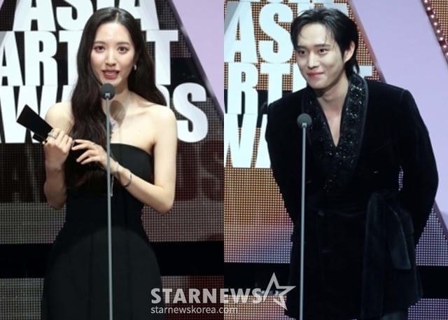 배우 보나와 김영대가 13일 오후 일본 나고야 니혼가이시홀에서 열린 스타뉴스-미디어보이 주최 '2022 Asia Artist Awards IN JAPAN'(2022 아시아 아티스트 어워즈, 이하 2022 AAA)에서 AAA신인상을 수상하고 소감을 말하고 있다. 스타뉴스와 미디어보이가 주최하고 Asia Artist Awards 조직위원회와 더스타파트너, 컬쳐 엔터테인먼트가 공동 주관하는 글로벌 NO.1 시상식 '2022 AAA'에는 올 한 해 동안 국내외에서 많은 사랑을 받은 가수, 배우들이 참석해 눈을 뗄 수 없는 화려한 글로벌 축제의 장을 펼친다. 2022.12.13 /사진=임성균 기자 tjdrbs23@