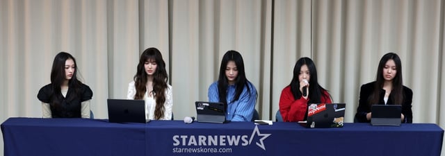 (서울=뉴스1) 권현진 기자 = 그룹 뉴진스가 28일 서울 강남구 스페이스쉐어 삼성역센터에서 어도어와의 전속계약 해지 관련 긴급 기자회견을 하고 있다. 왼쪽부터 해린, 다니엘, 하니, 민지, 혜인. (공동취재) 2024.11.28/뉴스1 Copyright (C) 뉴스1. All rights reserved. 무단 전재 및 재배포, AI학습 이용 금지. /사진=(서울=뉴스1) 권현진 기자