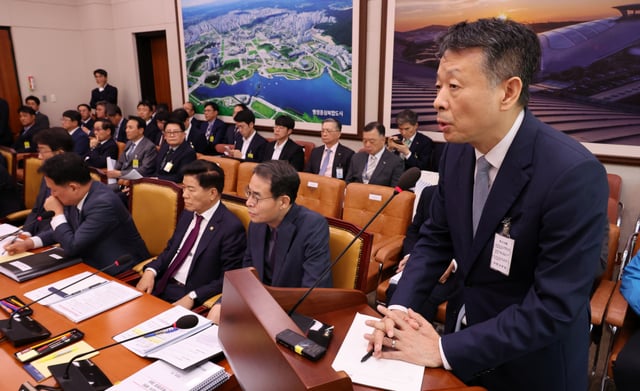 김광일 MBK파트너스 부회장이 지난 10월 국회에서 열린 국토교통위원회의 국토교통부, 행정중심복합도시건설청, 새만금개발청에 대한 종합감사에서 의원 질문에 답변하고 있는 모습. 사진제공=뉴시스