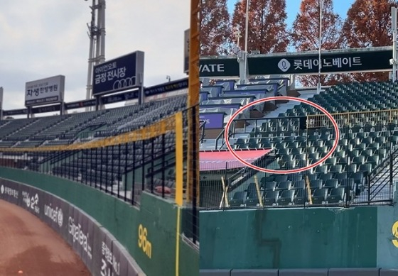 2022년(왼쪽)과 2024년 말 부산 사직야구장 외야 펜스 변화. 오른쪽 사진의 빨간 원 안의 보조 펜스가 낮아진 것을 확인할 수 있다. /사진=스타뉴스, 롯데 자이언츠 제공