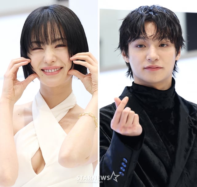 (서울=뉴스1) 권현진 기자 = 열애설의 주인공인 가수 겸 배우 나나(33)와 채종석(27)이 13일 서울 영등포구 현대백화점 더현대 서울에서 열린 뷰티 브랜드 달바(d'Alba)의 '시그니처 울쎄라 더블샷' 팝업 스토어 오픈 행사에 참석해 하트 즈를 취하고 있다. 2025.1.13/뉴스1 Copyright (C) 뉴스1. All rights reserved. 무단 전재 및 재배포, AI학습 이용 금지. /사진=(서울=뉴스1) 권현진 기자