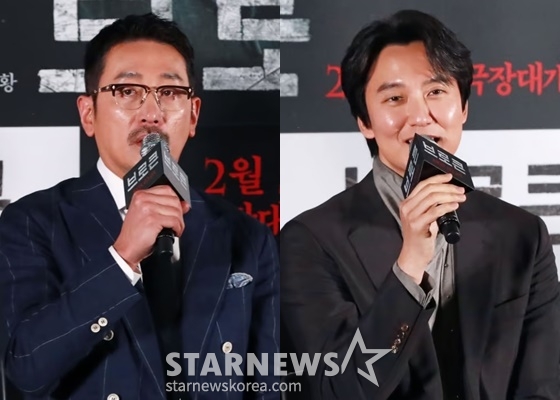 (왼쪽부터) 배우 하정우, 김남길이 23일 오후 서울 CGV용산아이파크몰에서 진행된 영화 '브로큰'(감독 김진황) 언론배급시사회 및 기자간담회에 참석해 질문에 답하고 있다. /2025.01.23 /사진=이동훈 photoguy@