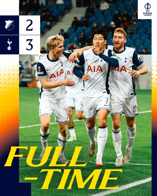 24일(한국시간) 독일 신스하임의 프리제로 아레나에서 열린 2024~2025시즌 유럽축구연맹(UEFA) 유로파리그(UEL) 7라운드 토트넘 홋스퍼와 호펜하임의 경기 결과. /사진=토트넘 홋스퍼 공식 사회관계망서비스(SNS)
