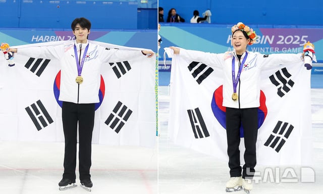지난 13일(한국시간) 중국 하얼빈 헤이룽장 빙상훈련센터에서 열린 2025 하얼빈 동계 아시안게임 남녀 피겨스케이팅 싱글 각 종목에서 김채연(오른쪽)과 차준환이 각각 금메달을 차지했다. /사진=뉴시스
