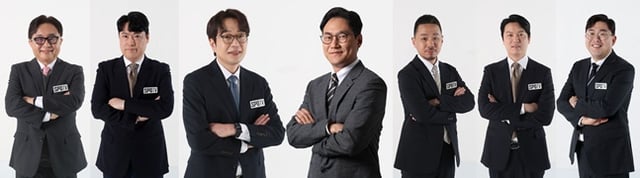 2025 스포티비 MLB 해설위원 손건영(왼쪽부터), 김형준, 이현우, 김태우, 한승훈, 이창섭, 이희영. /사진=SPOTV 제공