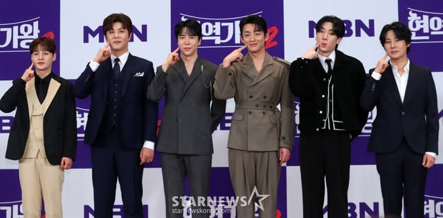 [서울=뉴시스] 김혜진 기자 = 가수 박서진(왼쪽부터), 진해성, 에녹, 신승태, 최수호, 강문경이 12일 오후 서울 마포구 누리꿈스퀘어에서 열린 MBN '현역가왕2' 기자간담회에서 포즈를 취하고 있다. 2025.03.12. jini@newsis.com /사진=김혜진