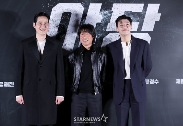 배우 박해준, 유해진, 강하늘이 7일 오후 서울 강남구 메가박스 코엑스에서 열린 영화 '야당(감독 황병국)' 언론시사회 및 기자간담회에서 포즈를 취하고 있다. /2025.04.07 /사진=김휘선 hwijpg@