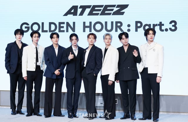 그룹 에이티즈가 12일 서울 마포구 호텔 나루 서울 엠갤러리에서 진행된 미니 12집 'GOLDEN HOUR : Part.3' 발매 기념 기자간담회에서 포즈를 취하고 있다. /2025.06.12 /사진=김휘선 hwijpg@