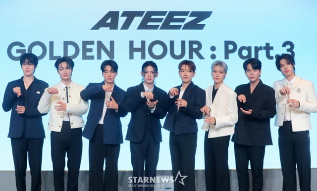 [서울=뉴시스] 김혜진 기자 = 그룹 에이티즈(왼쪽부터 윤호, 성화, 산, 여상, 홍중, 우영, 종호, 민기)가 12일 오후 서울 마포구 호텔 나루 서울 엠갤러리에서 열린 미니 12집 '골든 아워 : 파트 3(GOLDEN HOUR : Part.3)' 발매 기념 기자간담회에서 포즈를 취하고 있다. 2025.06.12. jini@newsis.com /사진=김혜진