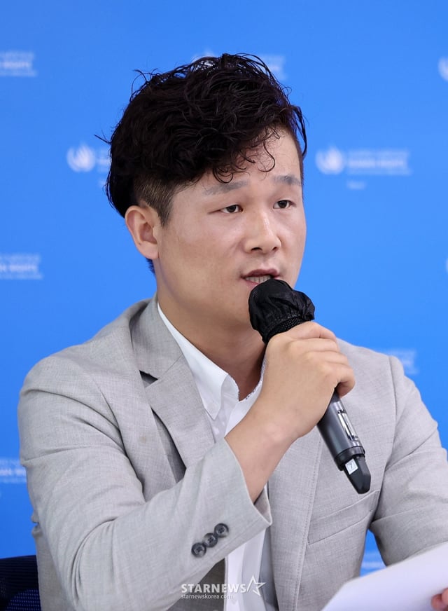 (서울=뉴스1) 박지혜 기자 = 김일혁 북한이탈주민이 25일 서울 종로구 유엔 인권사무소 서울사무소에서 열린 피해자 및 증인이 바라보는 지난 10년 간의 조선민주주의인민공화국 내 인권 상황 공개 세션에서 발언하고 있다. 2025.6.25/뉴스1 Copyright © 뉴스1. All rights reserved. 무단 전재 및 재배포, AI학습 이용 금지. /사진=(서울=뉴스1) 박지혜 기자