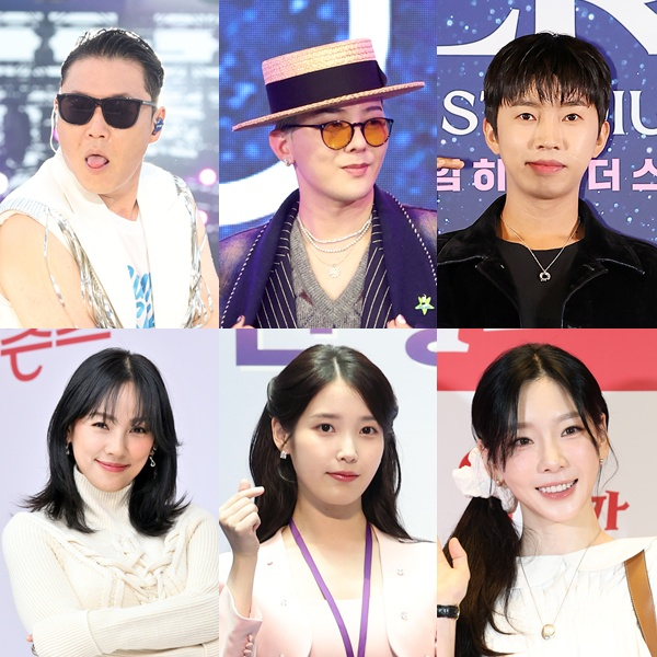 (왼쪽 위부터 시계방향) 싸이 지드래곤 임영웅 태연 아이유 이효리 /사진=스타뉴스