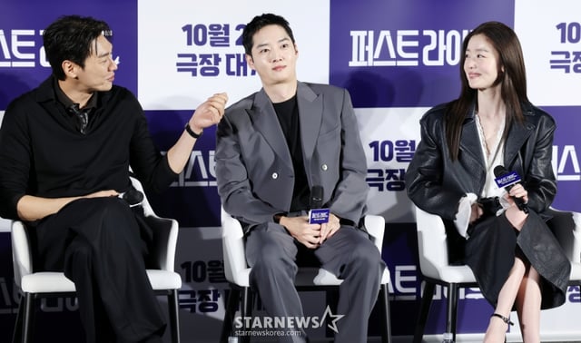 배우 김영광, 강영석, 한선화가 25일 서울 용산구 CGV 용산아이파크몰에서 진행된 영화 '퍼스트라이드(남대중 감독)' 제작보고회에 참석해 질의응답을 하고 있다. /2025.09.25 /사진=김휘선 hwijpg@