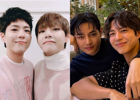 방탄소년단 뷔와 박보검. 왼쪽이 2015년, 오른쪽이 2025년 