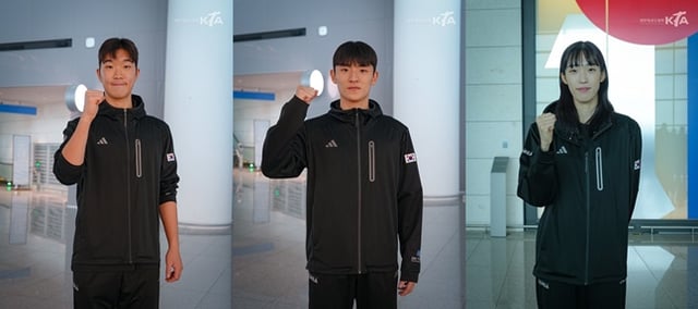 (왼쪽부터) 남자 대표팀 주장 박우혁, 배준서, 여자 대표팀 김유진. /사진=대한태권도협회