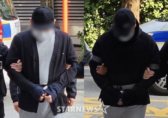 [인천=뉴시스] 이루비 기자 = 인천 송도국제도시 아파트 지하주차장에서 게임 유튜버 '수탉'을 납치해 살해하려 한 혐의를 받는 남성 2명이 29일 오후 인천 미추홀구 인천지법에서 열린 구속 전 피의자 심문(영장실질심사)에 출석하고 있다. 2025.10.29. ruby@newsis.com /사진=이루비