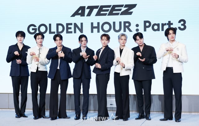 그룹 에이티즈가 12일 서울 마포구 호텔 나루 서울 엠갤러리에서 진행된 미니 12집 'GOLDEN HOUR : Part.3' 발매 기념 기자간담회에서 포즈를 취하고 있다. /2025.06.12 /사진=김휘선 hwijpg@