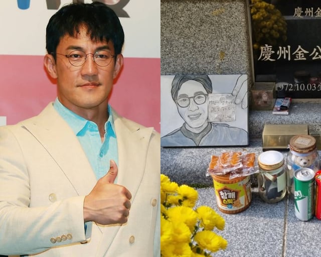 배우 한정수(왼쪽), 고 김주혁 묘소 /사진=스타뉴스, 한정수 SNS