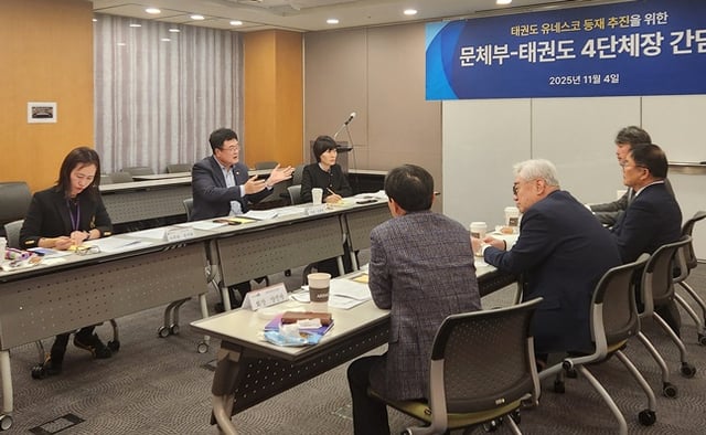 김대현(왼쪽 줄 가운데) 차관이 4일 세계태권도연맹 조정원 총재, 국기원 윤웅석 원장, 태권도진흥재단 김중헌 이사장, 대한태권도협회 양진방 회장 등 태권도 4개 대표 기관장과 간담회를 하고 있다. /사진=문체부