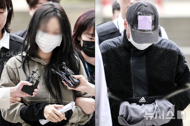 잉글랜드 프로축구 프리미어리그 토트넘 홋스퍼 주장 손흥민을 상대로 허위 임신을 주장하며 금품을 요구한 혐의를 받는 20대 여성 양 모 씨와 40대 남성 용 모 씨가 지난 5월 17일 서울 서초구 서울중앙지방법원에서 열린 영장실질심사에 출석하고 있다. /사진=뉴시스